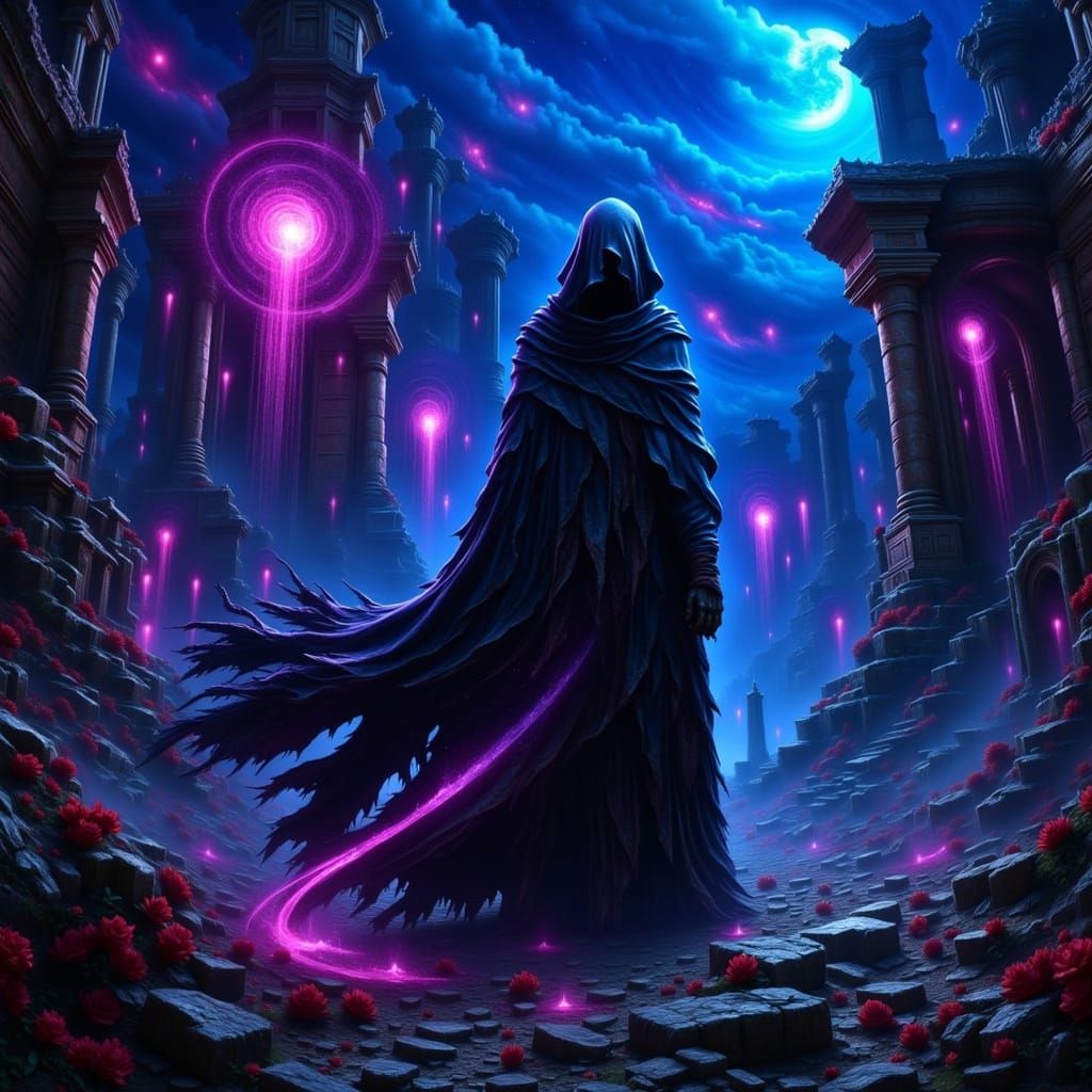 Mysterious Figure in Ancient Ruins Illuminated by Ethereal R...