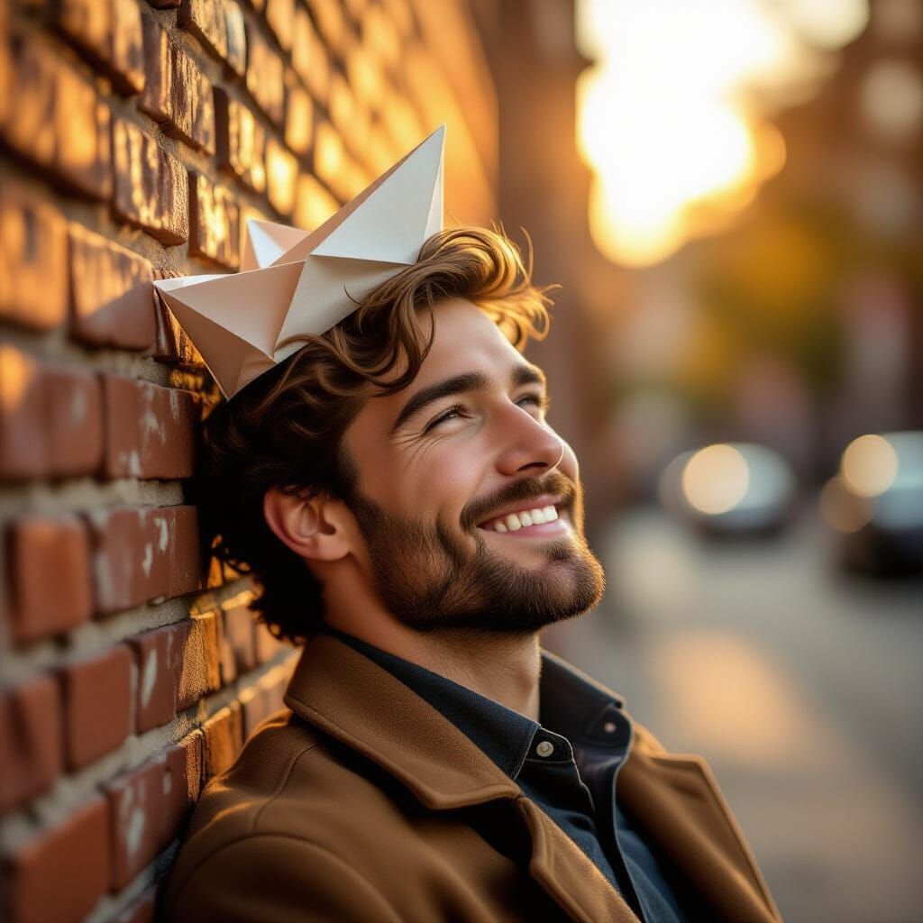 Smiling Man with Paper Boat Hat in Golden Autumn Light