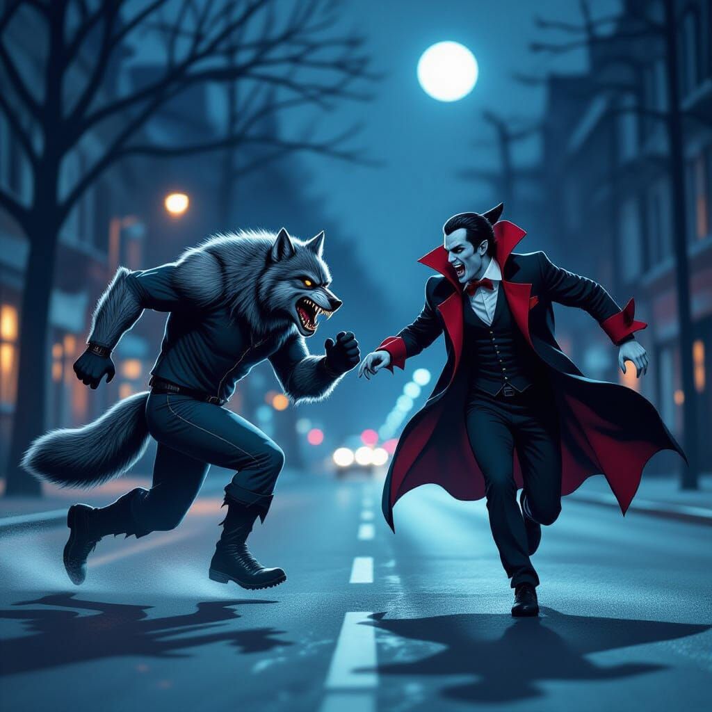 Werewolf and Vampire Run Together in 80s Night Style