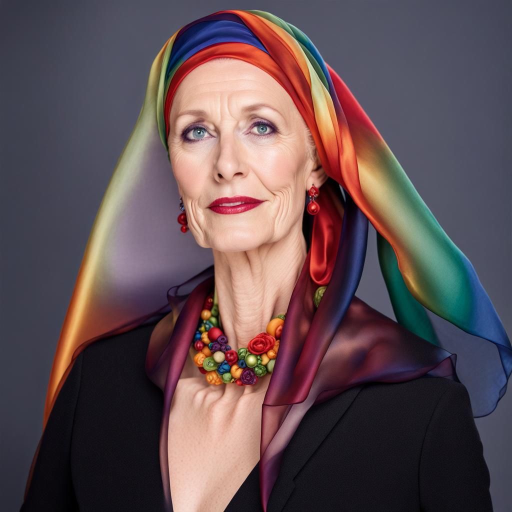 Mature Statuesque Elegant Glamorous Lady Intense Rainbow Red Orange Yellow Green Blue Indigo Violet Headscarf Headscarve...