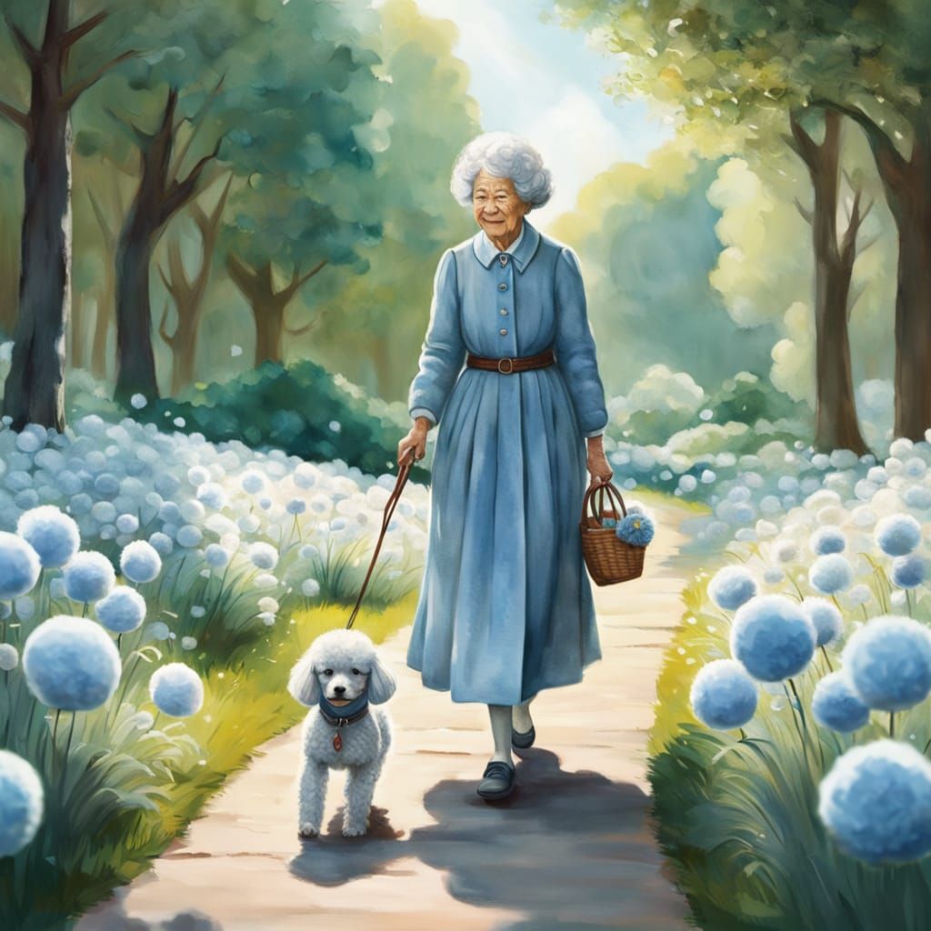 Whimsical Pom-Pom Grandmother and Poodle in Spring Park