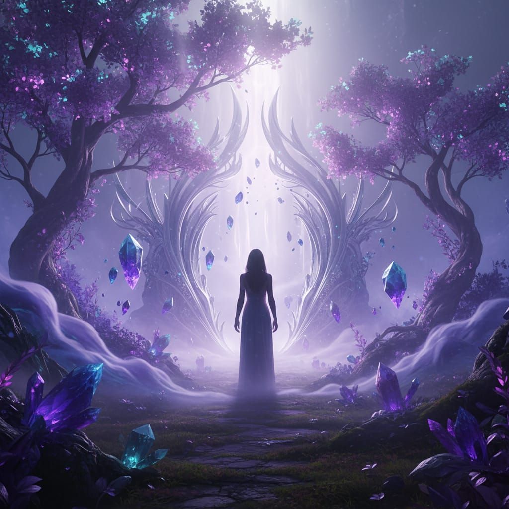 Woman Faces Ethereal Silver-Lavender Glow in Misty Landscape