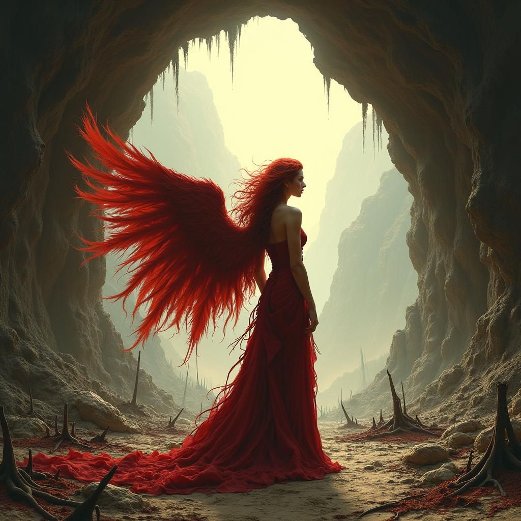 Fiery Woman with Wings in Wasteland Landscape