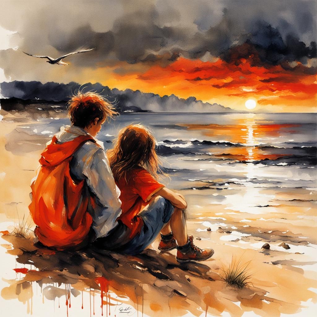 Teenage Couple at Sunset in Sumi-e Style