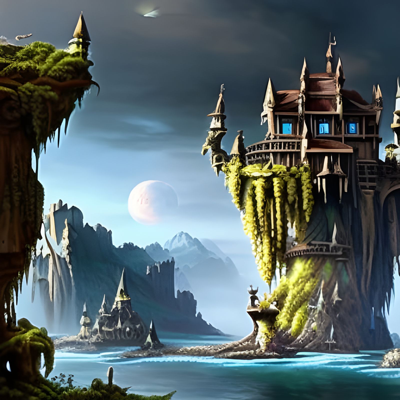 Floating Island Village with Stairway in Digital Art