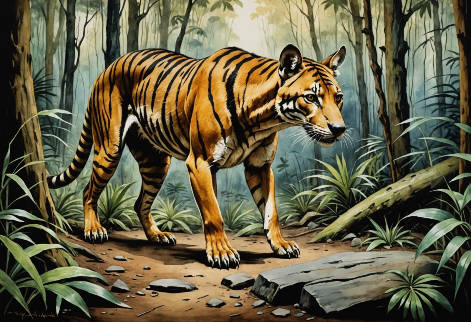 Australian Rainforest Tiger in Vibrant Watercolour