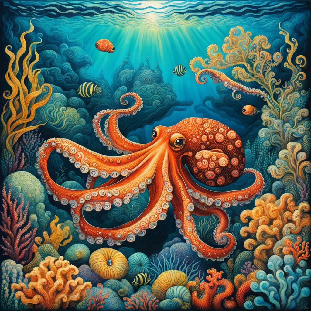 Octopus in Art Deco Underwater Landscape