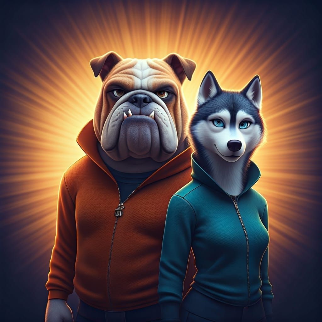 Bulldog and Husky in Clothes: 3D Digital Art