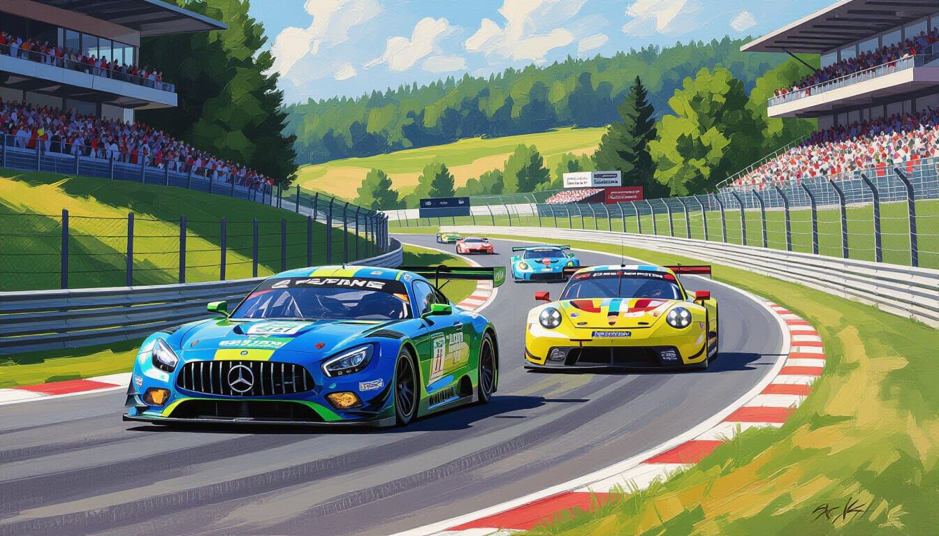 Dynamic Neo-Impressionist Race: AMG GT3 vs Porsche 911