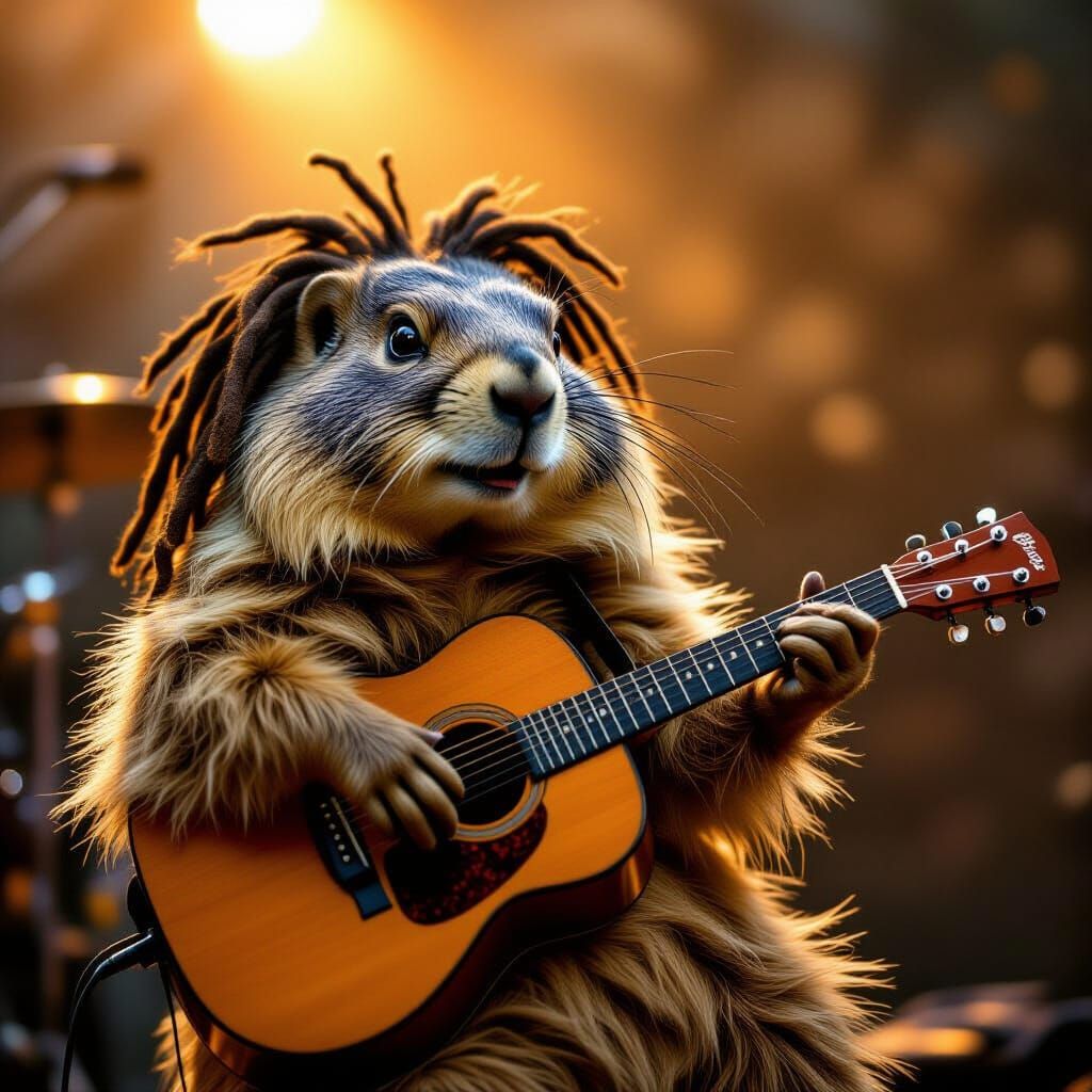 Groundhog Musician with Dreadlocks Playing Guitar