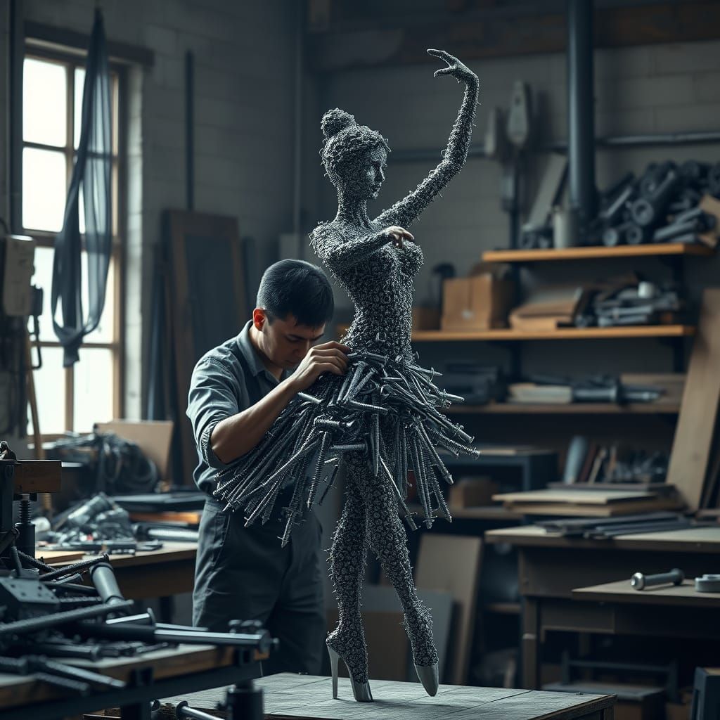 Elegant Ballerina Sculpture Made From Screws and Nails