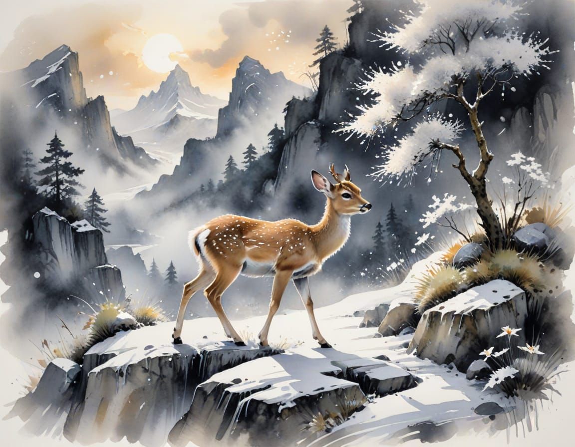 Alpine Fawn in Winter Landscape, Expressive Watercolor Art