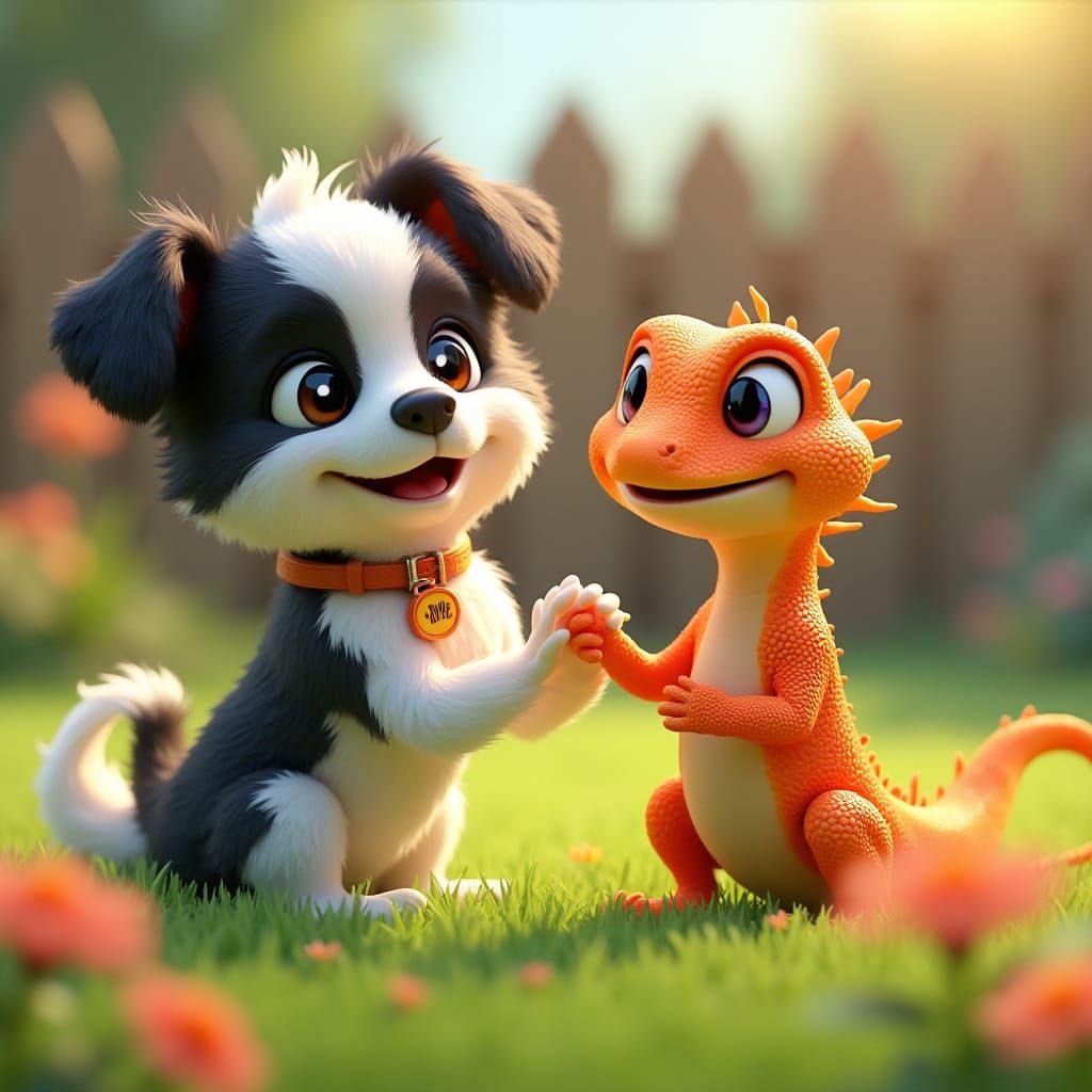 Stunning Anime-Style Scene of Morkie Dog and Orange Lizard i...