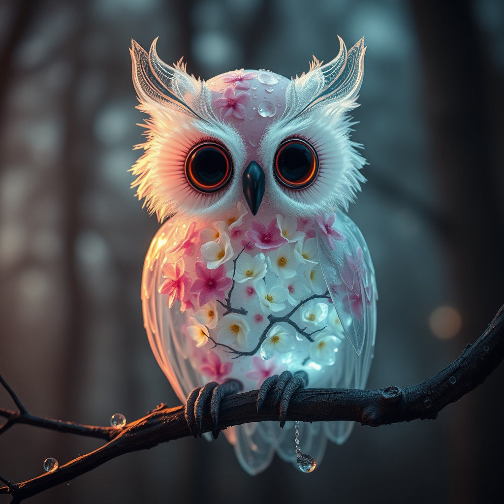 Cute Ghostly Owl Monster in Bioluminescent Forest