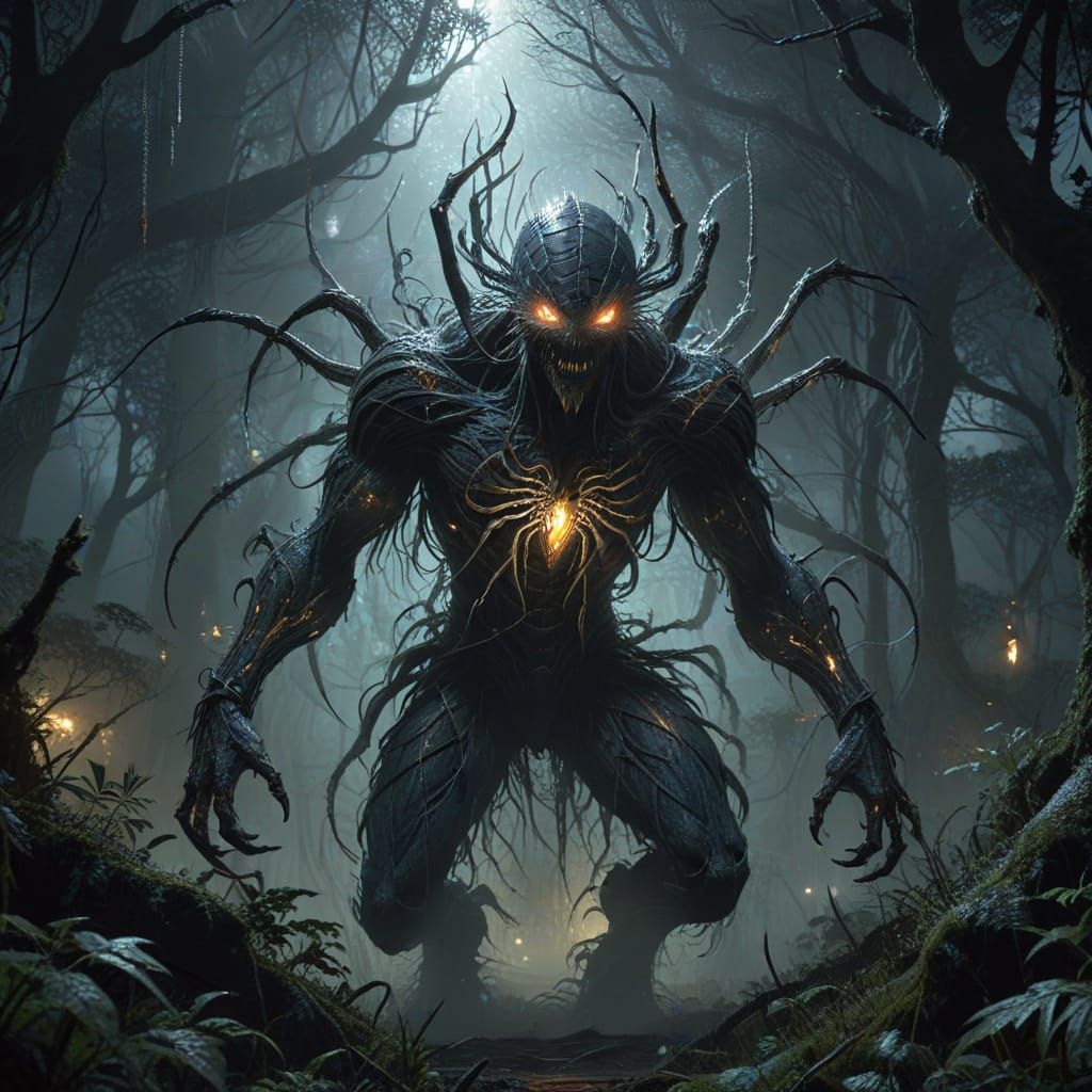 Terrifying Spider Monster in Misty Anime Forest