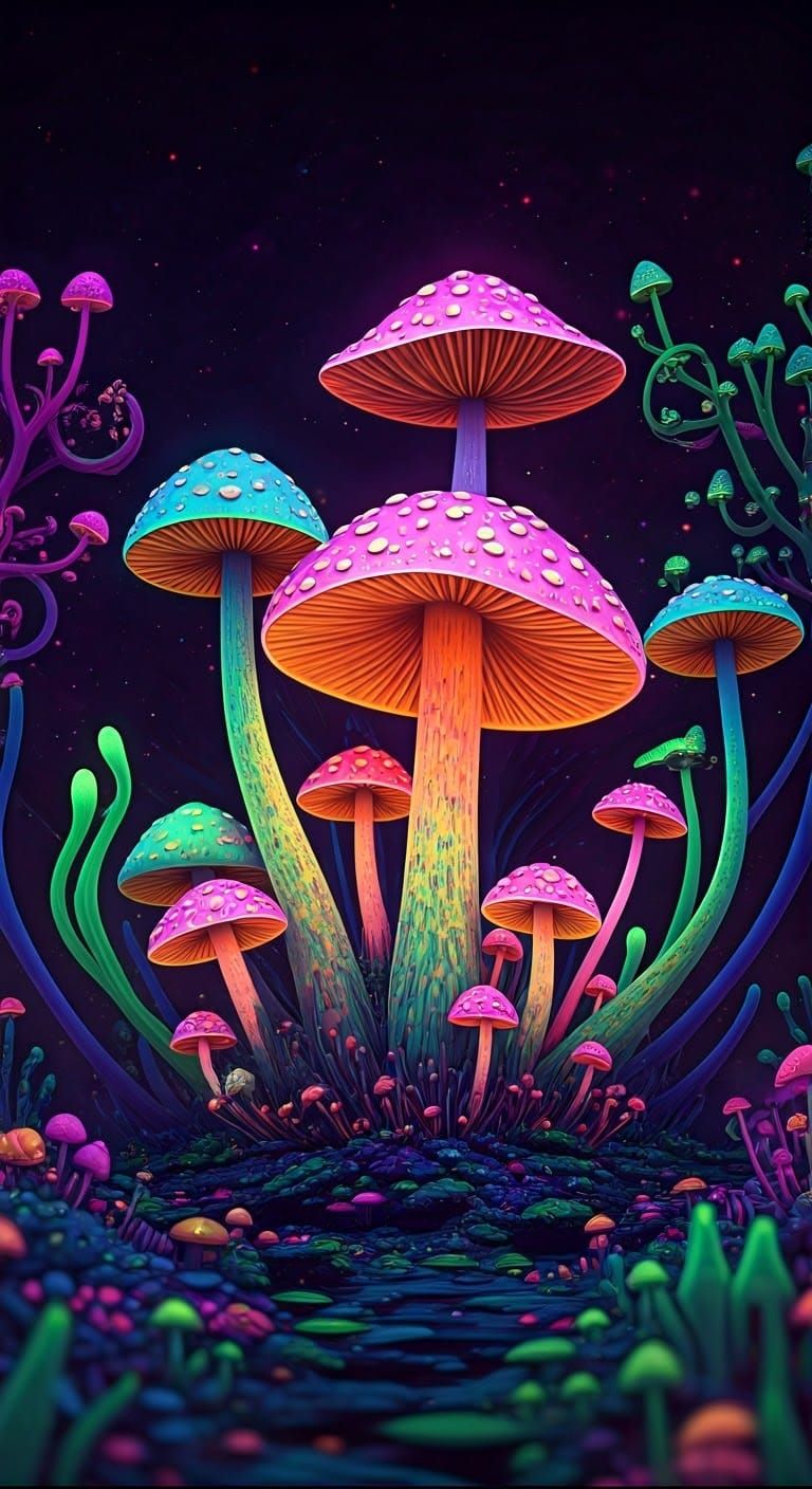 Glowing Mushrooms in a Psychedelic Wonderland