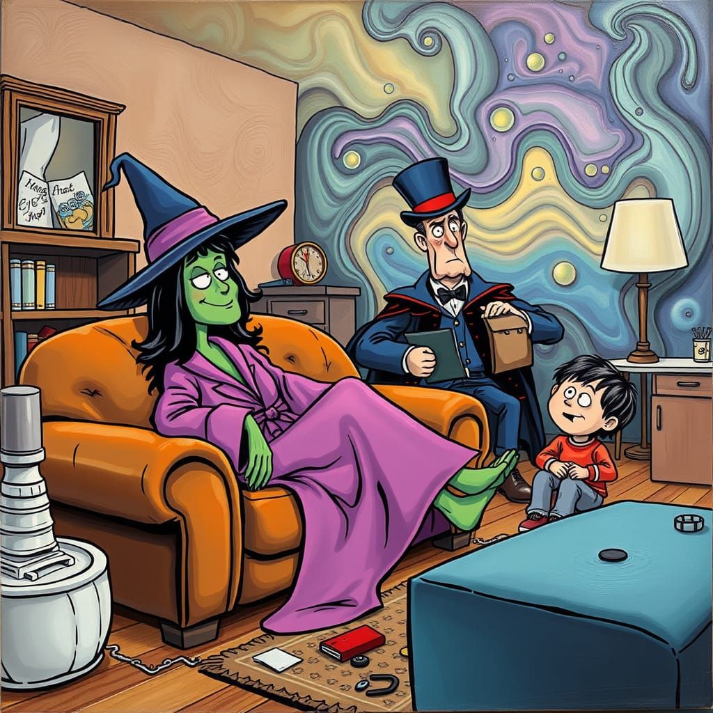 Witch's Dad Struggles with Furniture in Surreal Art