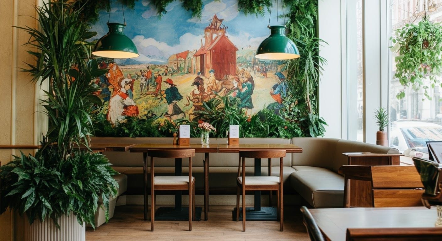 Cozy Cafe Interior with Lush Green Plants