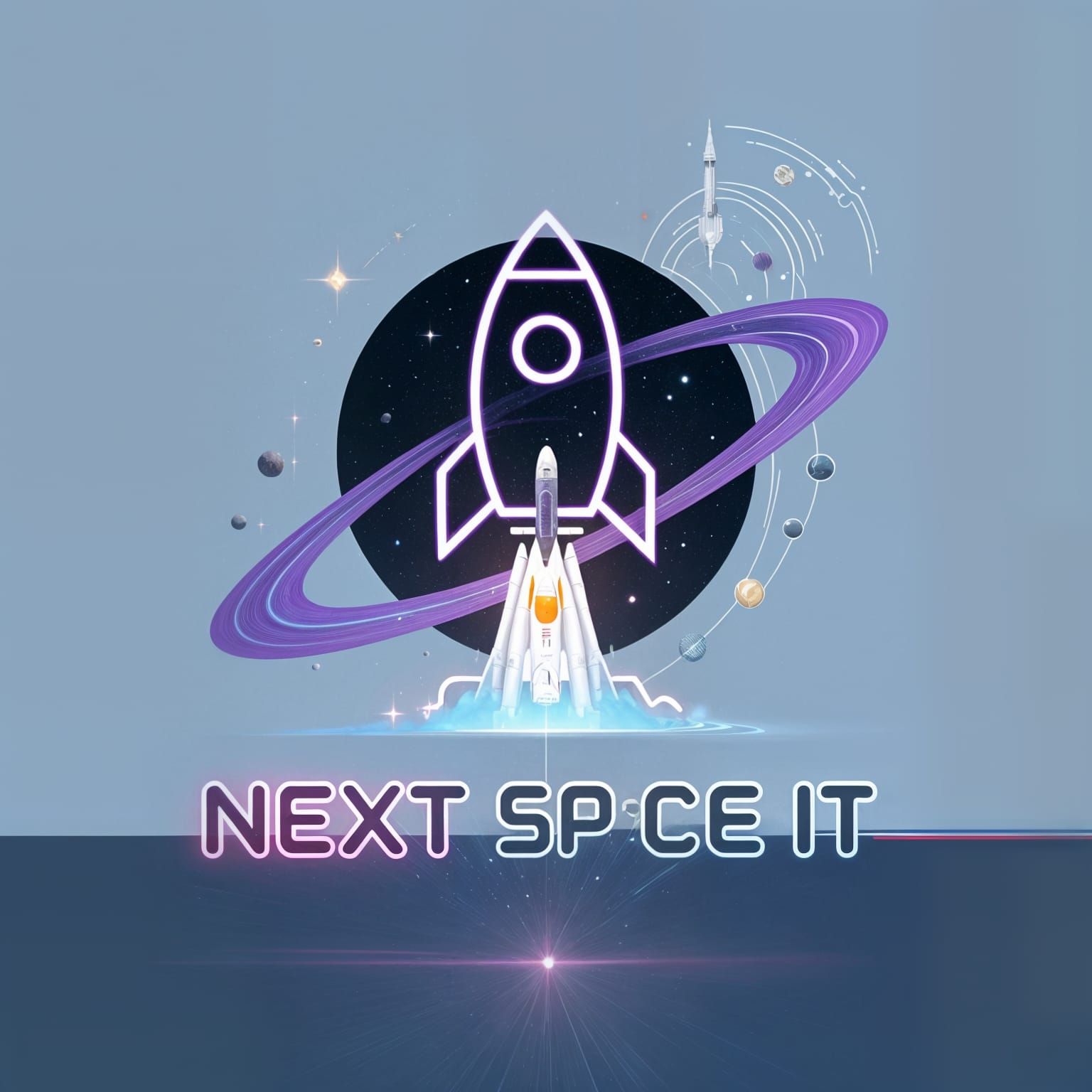 Next Space IT Logo: Futuristic Rocket in Neon Purple & Blue