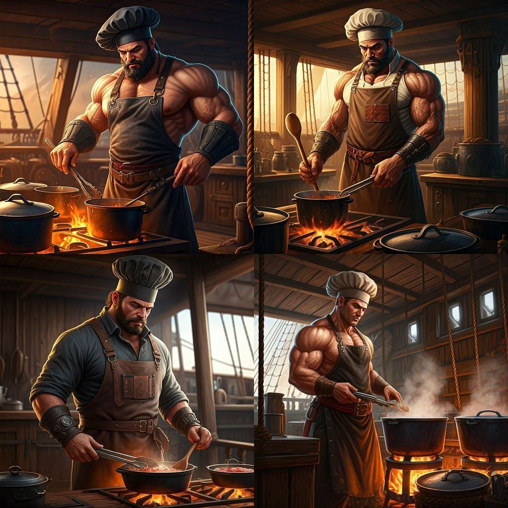 Muscular Ship Chef With Leather Apron and Tongs