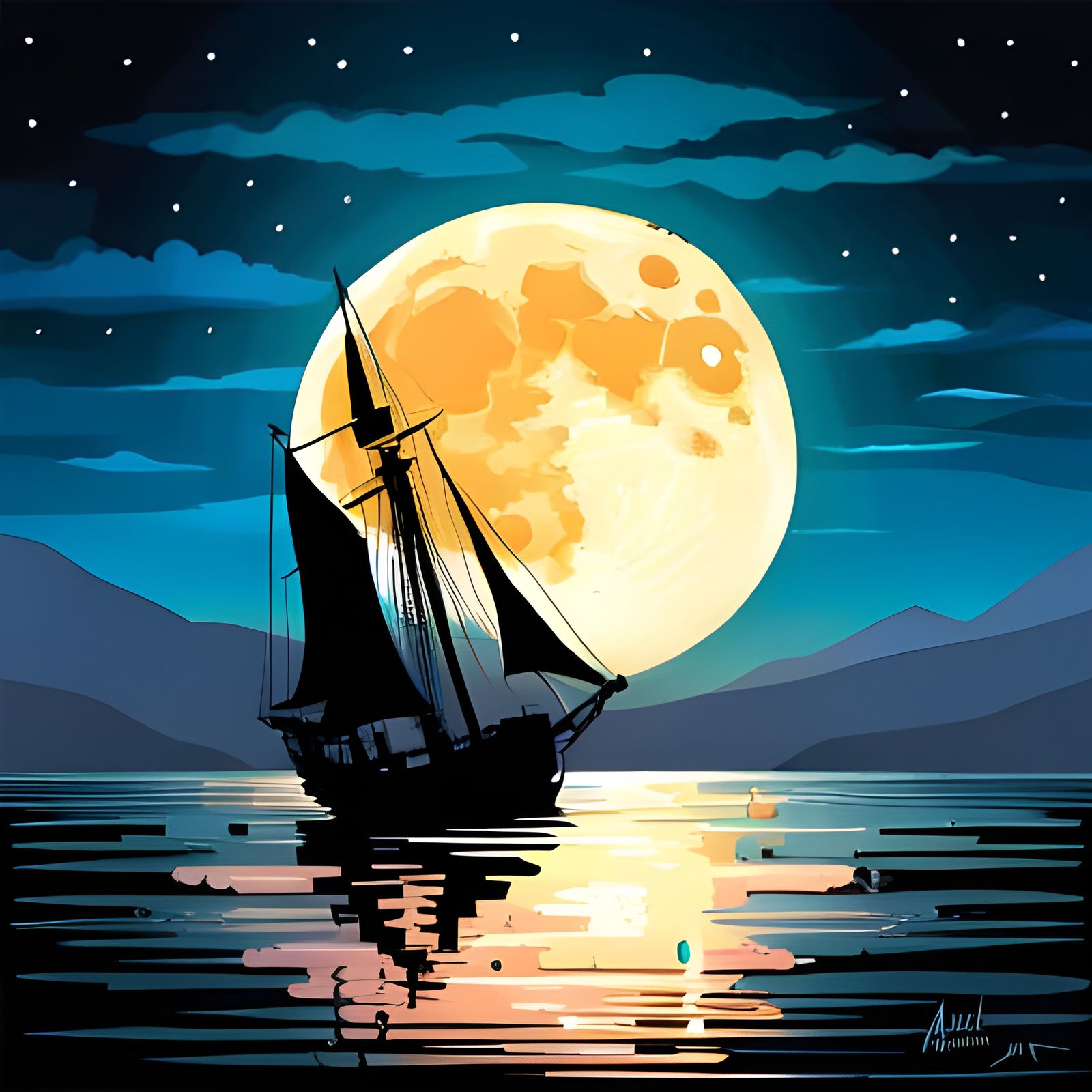 Moonlit Ship in Pixel Art Style