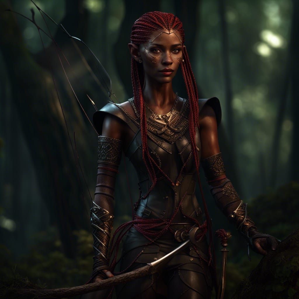 Elegant Dark Elf in Forest: Dark Fantasy Concept Art