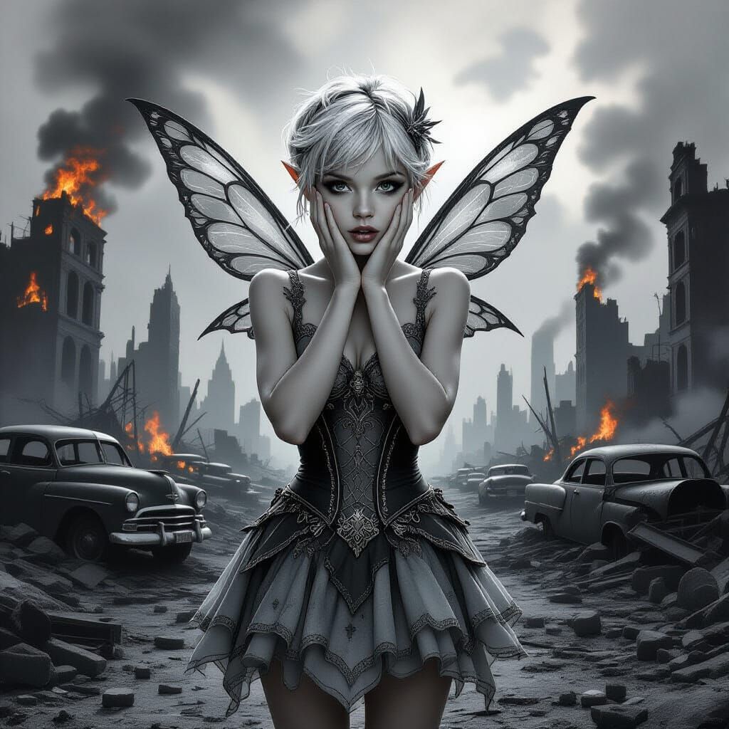 Innocent Fairy Shocked by Decaying City in Grayscale