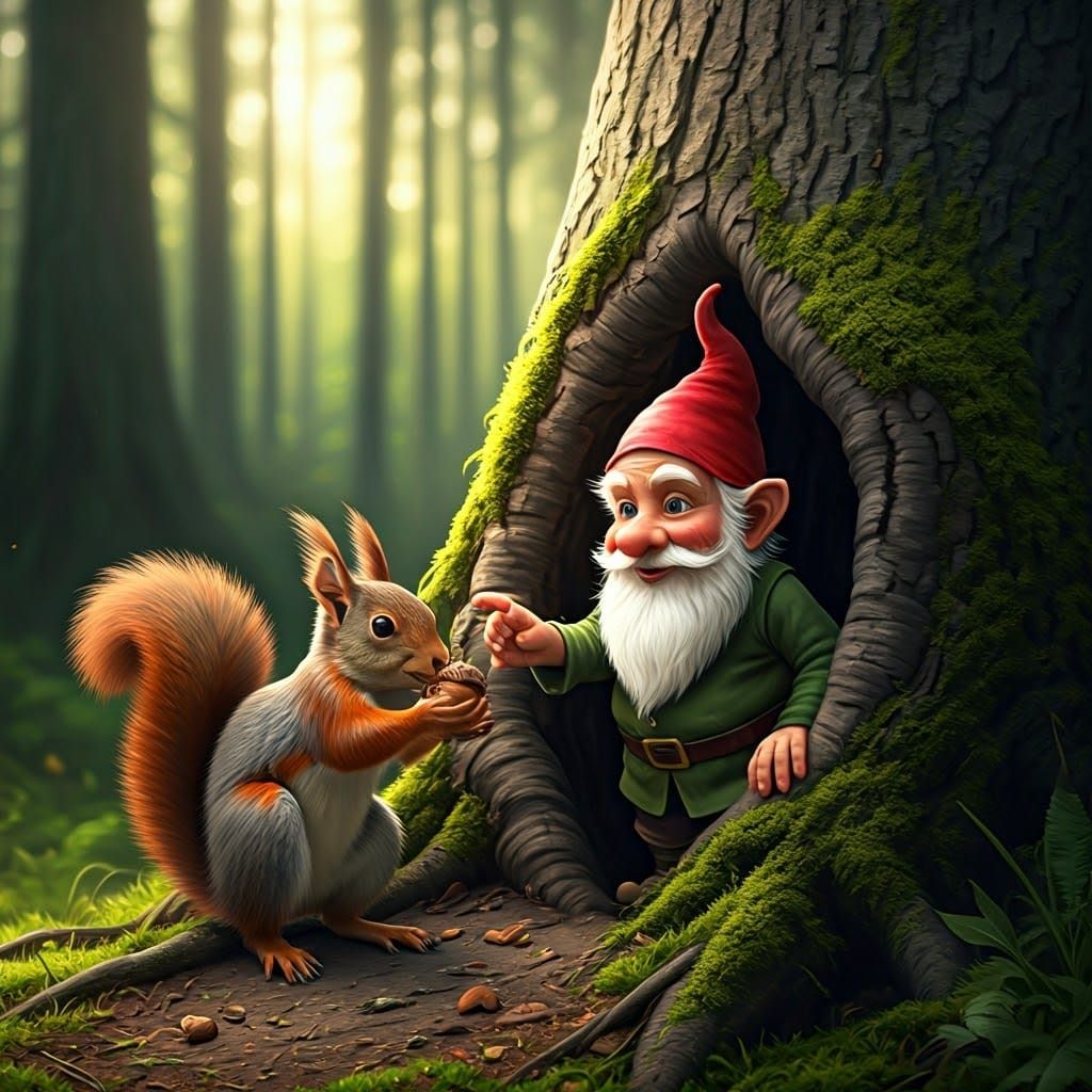 Gnome Offers Acorn to Squirrel in Forest Illustration
