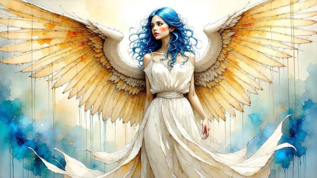 Majestic Angel With Blue Hair In Ink Style