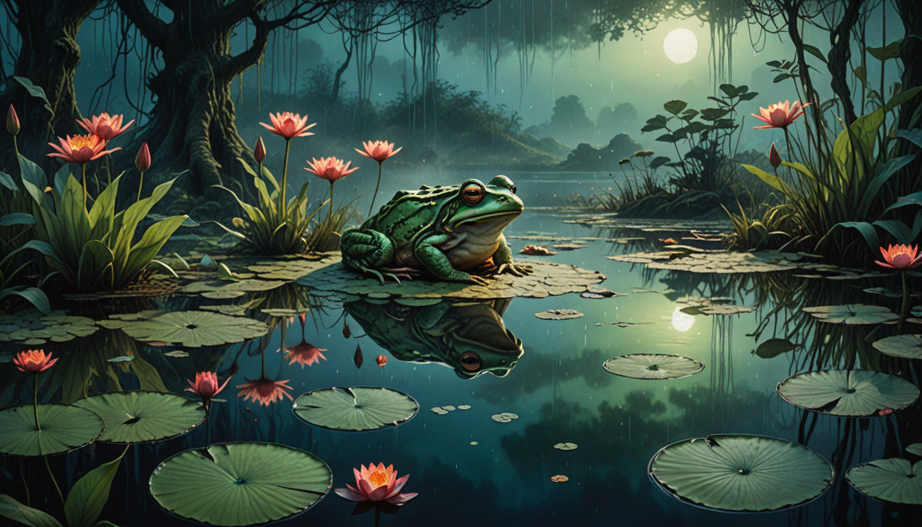 Surreal, Mysterious Frog in Misty Pond Scene