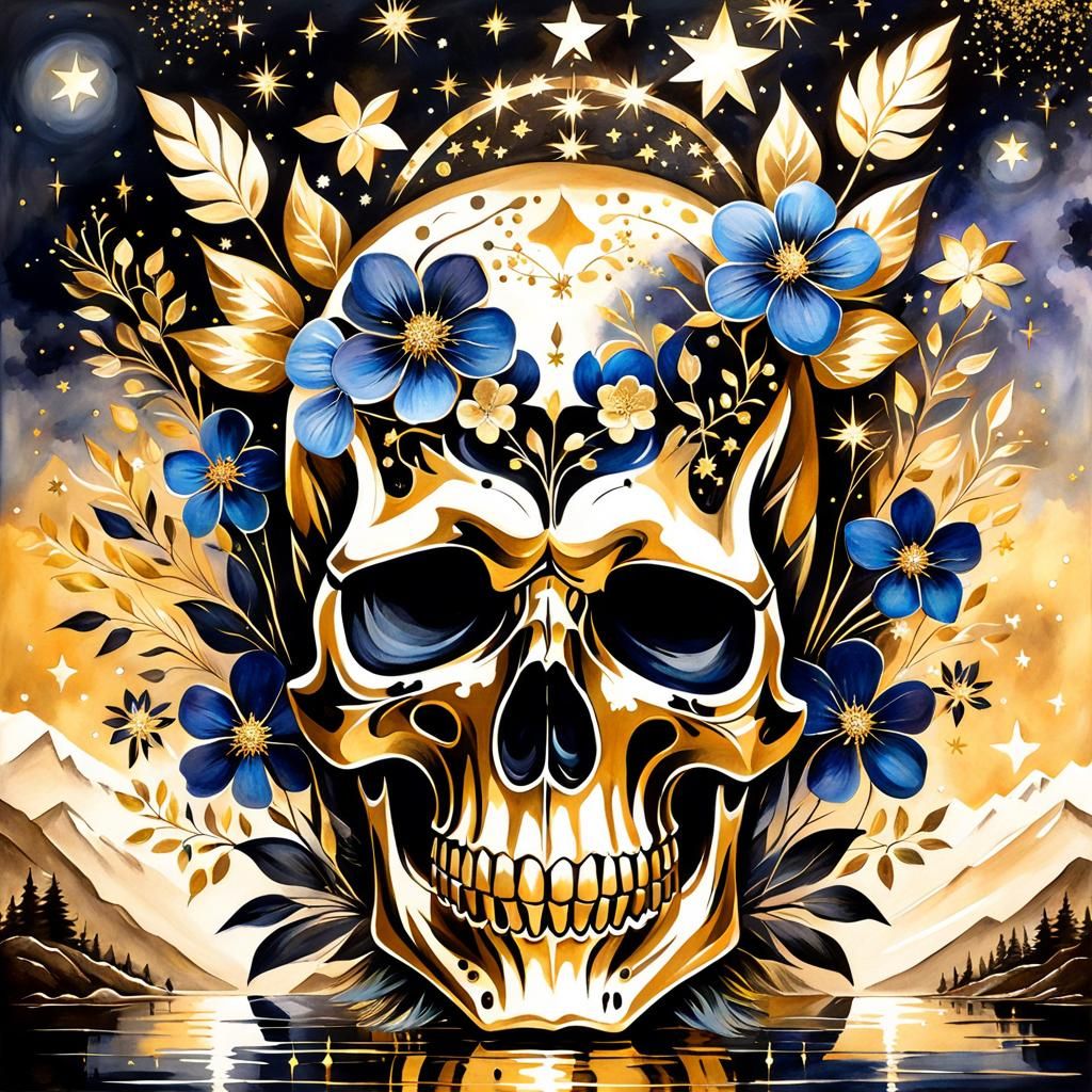 Skull with Flowers and Gold Sparkles Watercolor