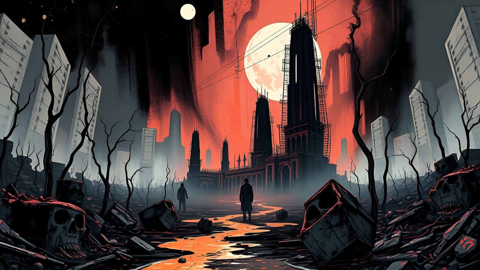 A not-quite monotone image of a Surrealist, pseudo-Gothic, cybercore, splatterpunk abstract journey through a post-apoca...