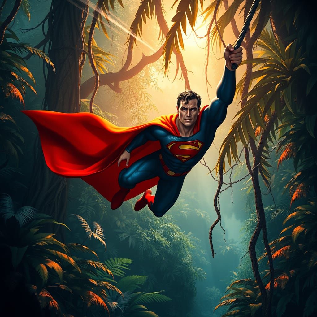 Superhero Swings Through Jungle in Digital Painting