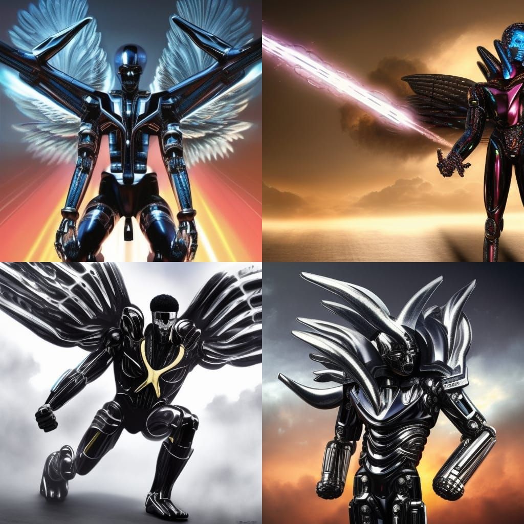 Terminator Robot with Wings Kneeling, Detailed Matte Paintin...