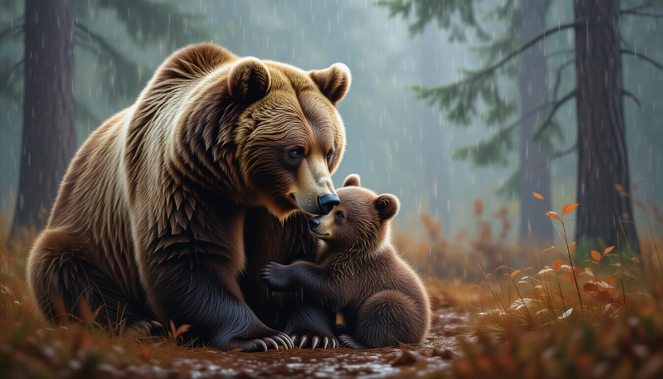 Mother Bear Sheltering Cub in Rainy Autumn Forest