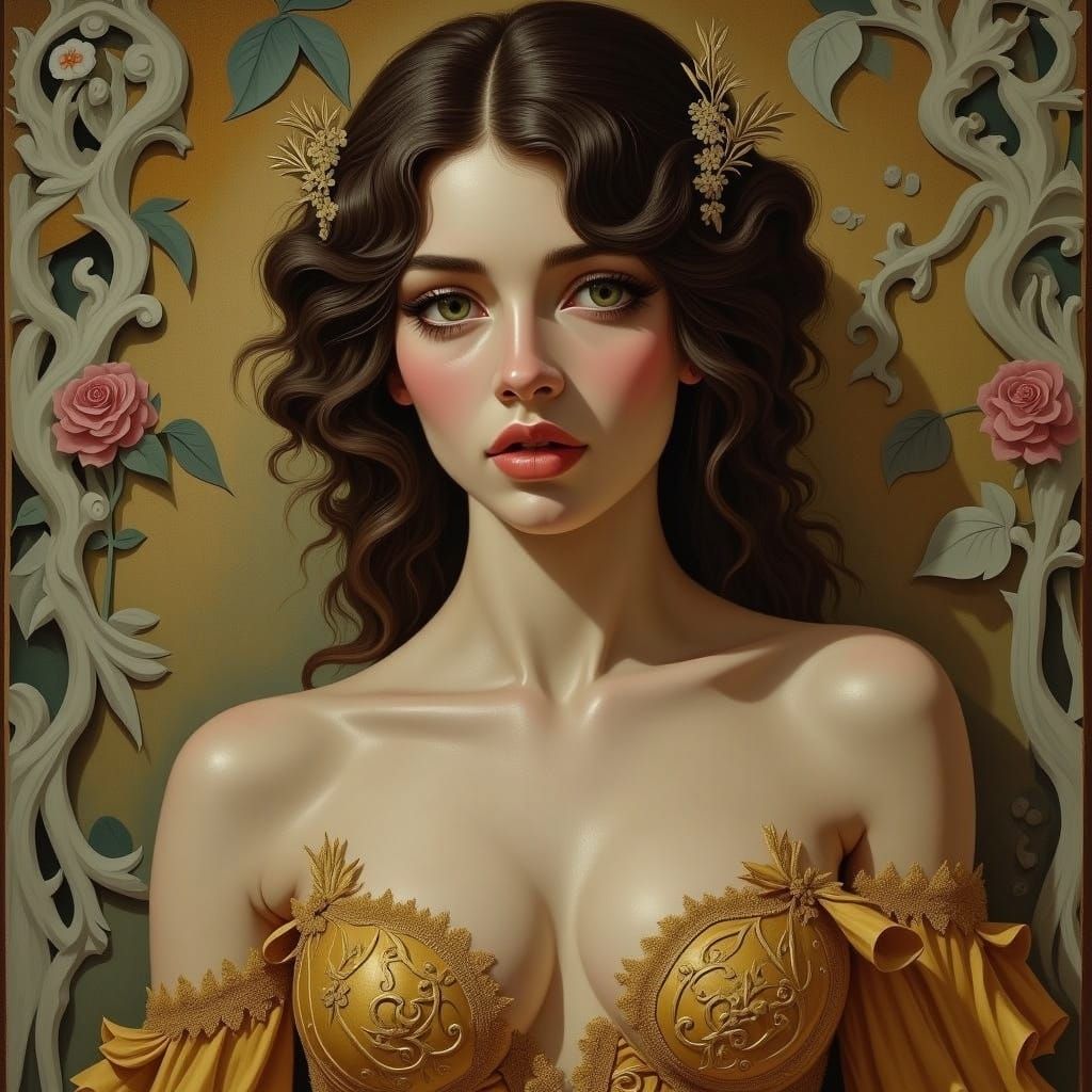 Stunning Woman in Golden Gown, Romantic Portrait