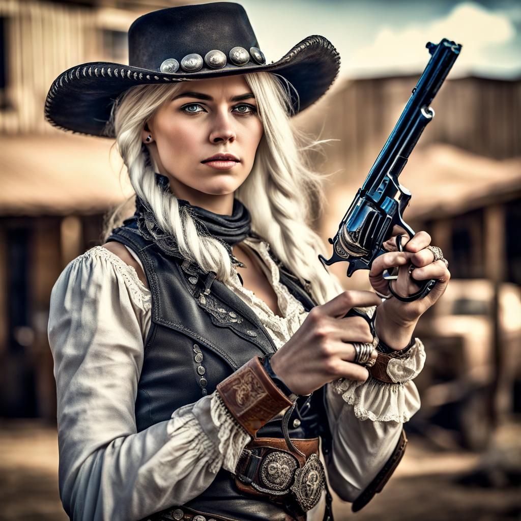 Wild West Gunslinger: Hyperrealistic Portrait of a Young Wom...