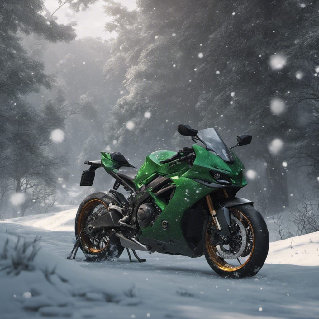 Green Sport Bike in Snowy Forest Landscape