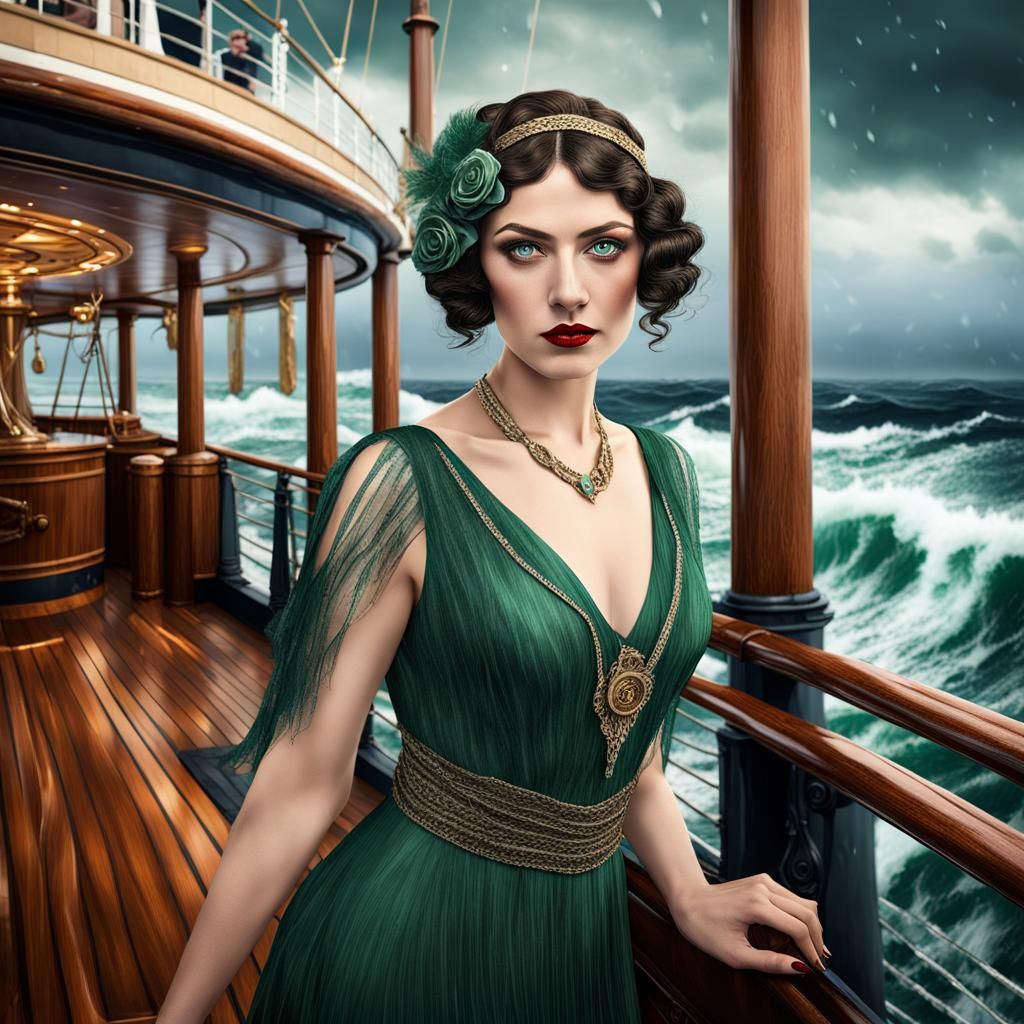 Celtic Woman on Ocean Liner in Storm, Hyperrealistic