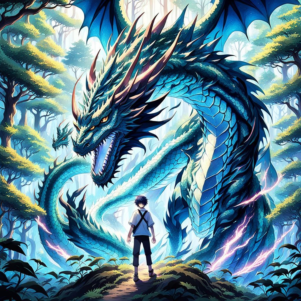 Anime Boy and Dragon in Mystical Forest