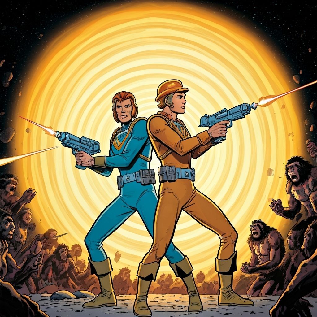 Buck Rogers Confronts Neanderthals in Retro-Futuristic Style