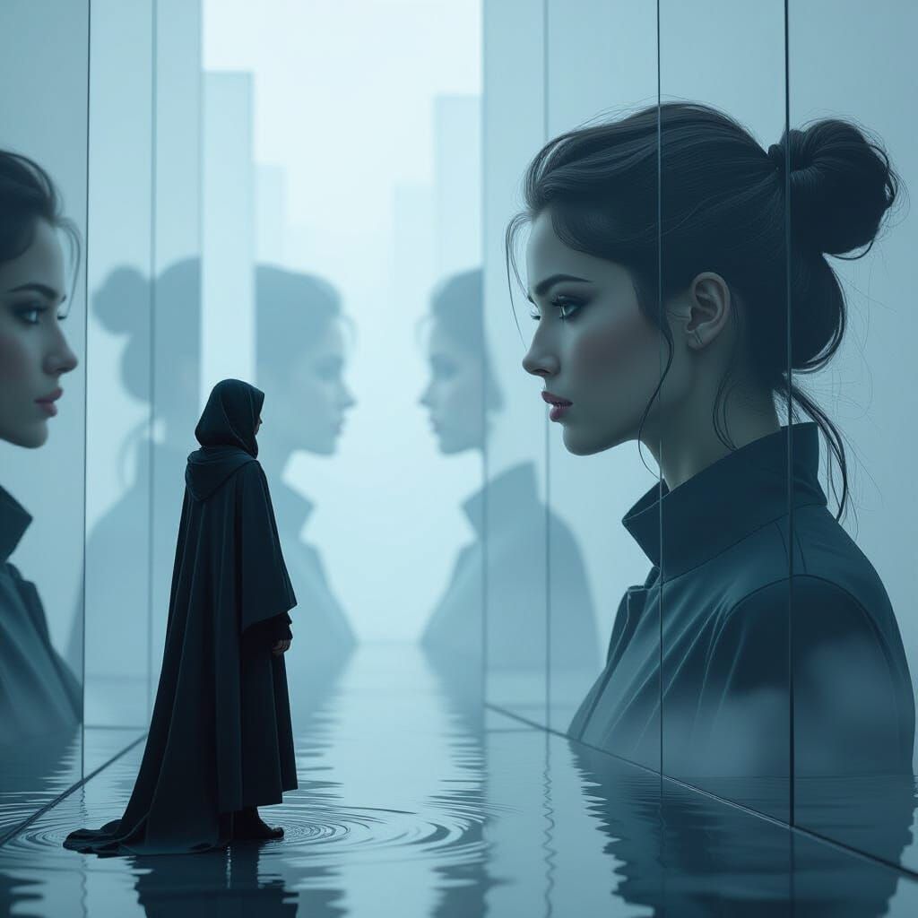 Surreal Mirrored World with Figure Reaching Through Time