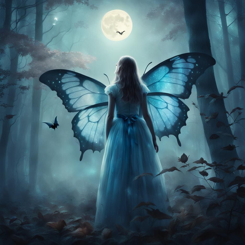 Surreal Girl Between Butterfly and Bat in Moonlit Forest