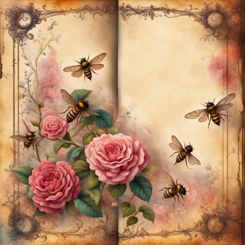 Vintage Roses and Bees on Lined Paper