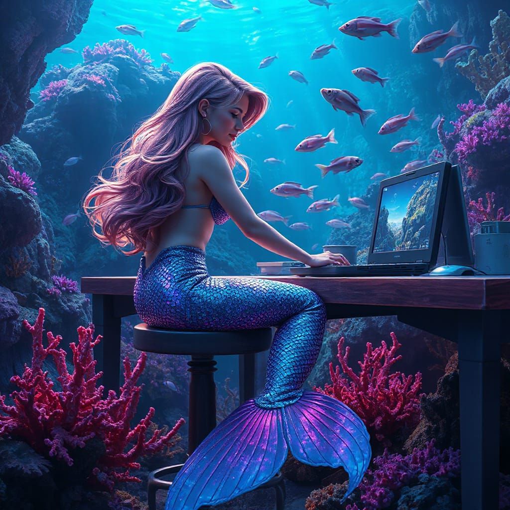Mermaid Working on Laptop in Underwater Fantasy Scene