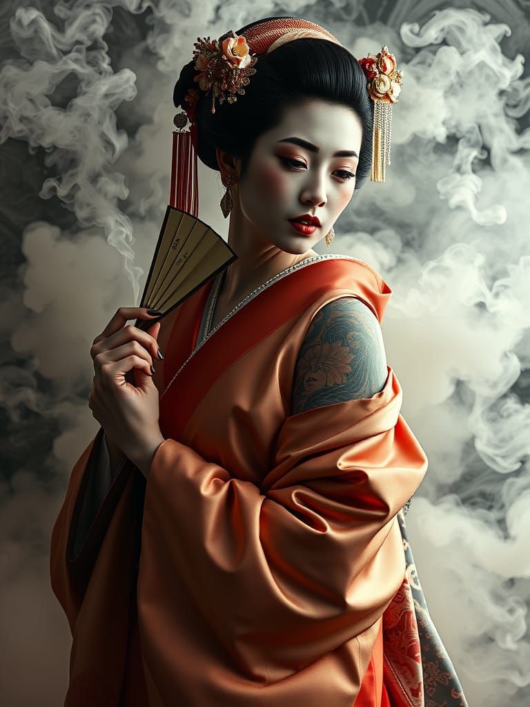 Geisha in Kimono with Hand Fan: Kabuki-Inspired Portrait