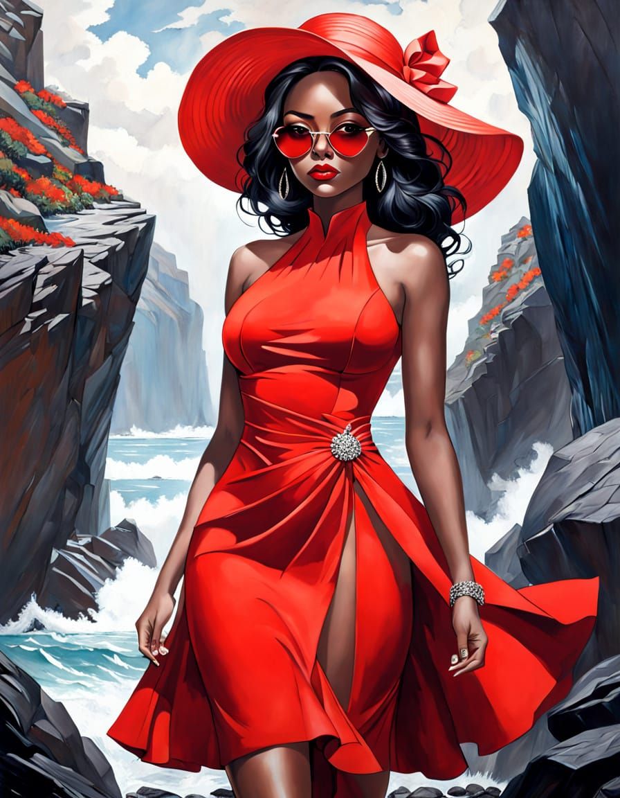 Dramatic Impasto Portrait of a Valuptuous Woman in Vibrant R...