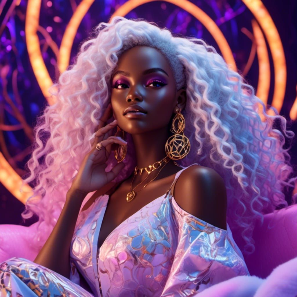 Elegant Afro Queen in Iridescent Digital Art