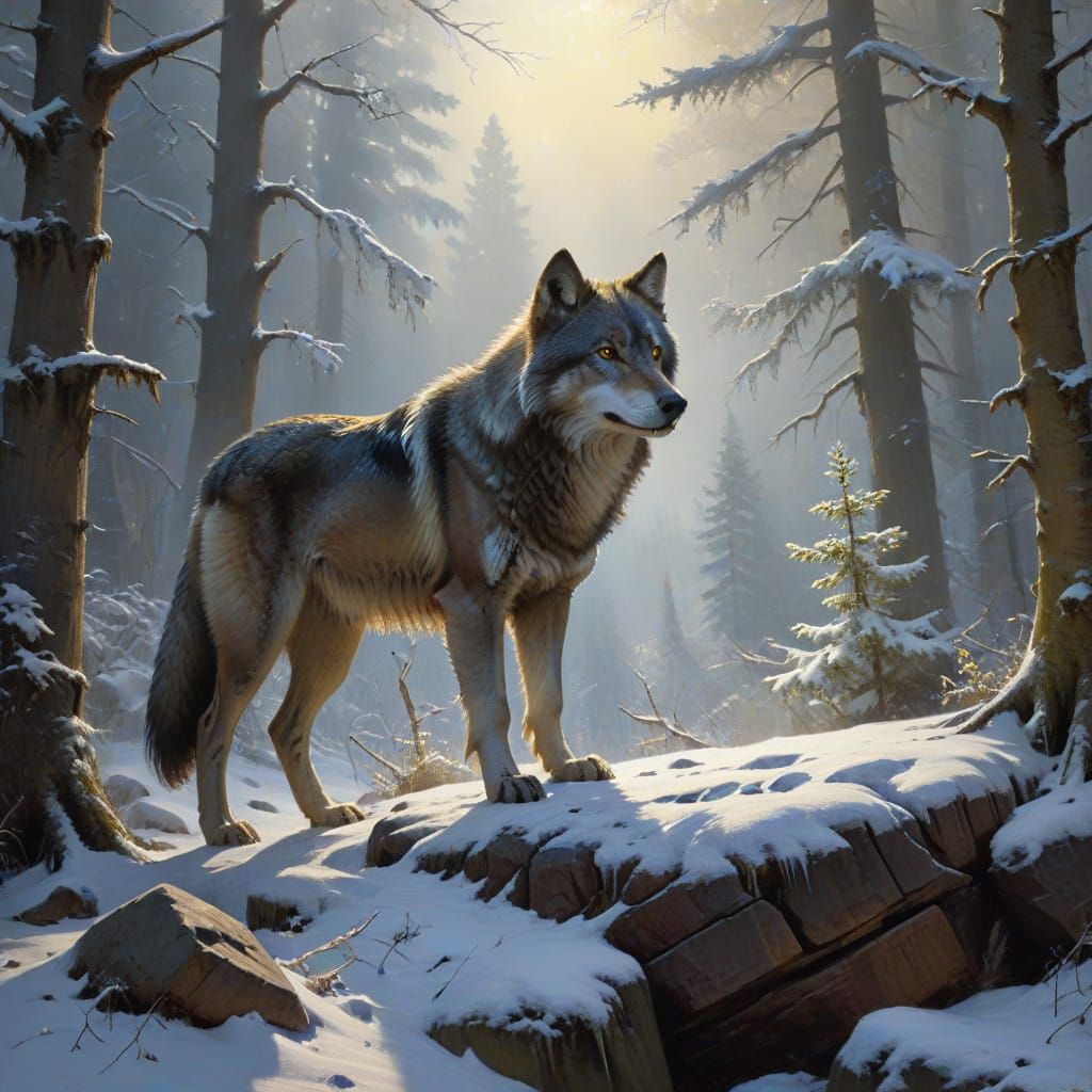 Hyper-Realistic Winter Wolf Painting in Oil
