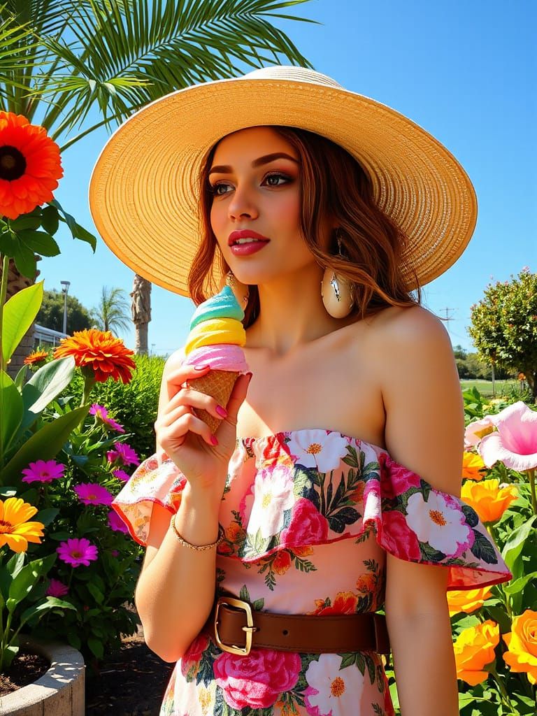 Woman in Futuristic Summer Scene Enjoying Colorful Ice Cream